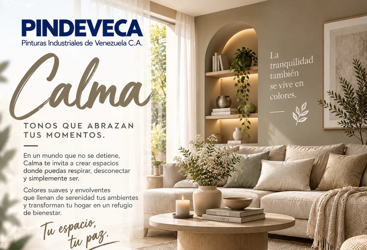 Sala en tonos arena con nicho iluminado: familia Calma de la Temporada 2026 de Pindeveca. Tonos que abrazan tus momentos.