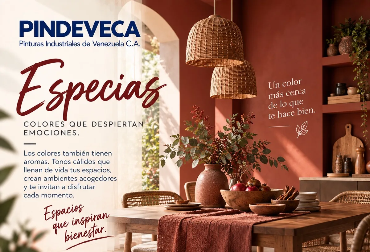 Comedor con pared rojo terracota y lámparas de mimbre: familia Especias de la Temporada 2026 de Pindeveca. Colores que despiertan emociones.