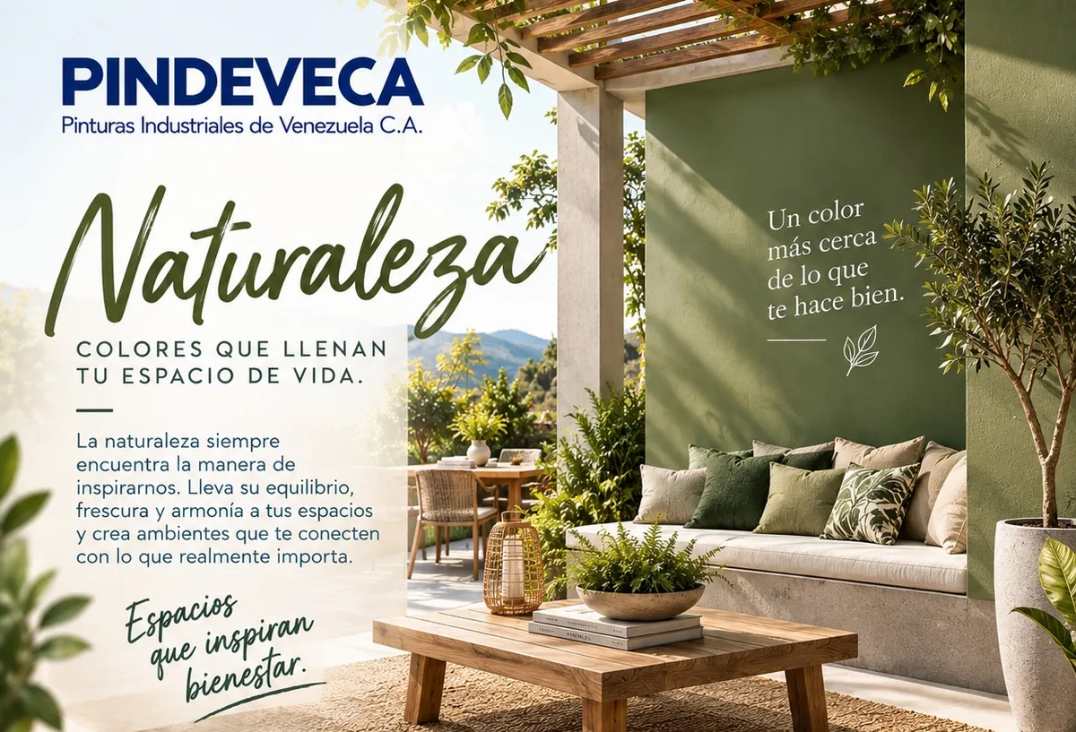 Terraza con pared verde y sofá exterior: familia Naturaleza de la Temporada 2026 de Pindeveca. Colores que llenan tu espacio de vida.