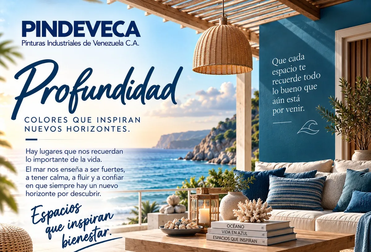 Terraza frente al mar con pared azul: familia Profundidad de la Temporada 2026 de Pindeveca. Colores que inspiran nuevos horizontes.